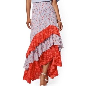 Mixed Print Asymmetrical Ruffle Layered Multicolor Skirt